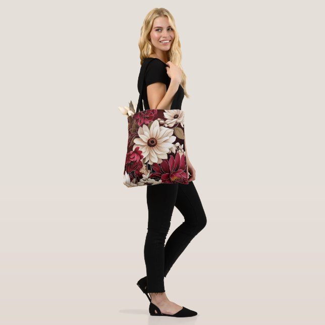 Moody Burgundy and Cream Florals Tote Bag (On Model)
