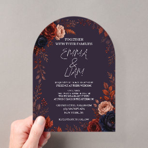 Moody Burgundy Arch Shape Floral Wedding  Acrylic Invitations