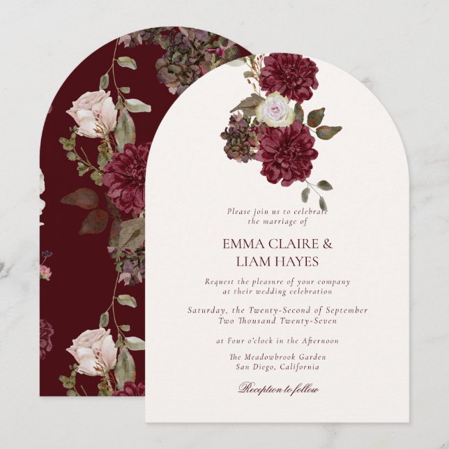 Moody Burgundy Arched Autumn Wedding Invitation (Front/Back)