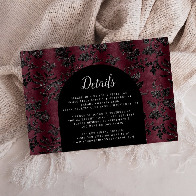 Moody Burgundy Black Damask Arch Wedding Details Enclosure Card (Creator Uploaded)