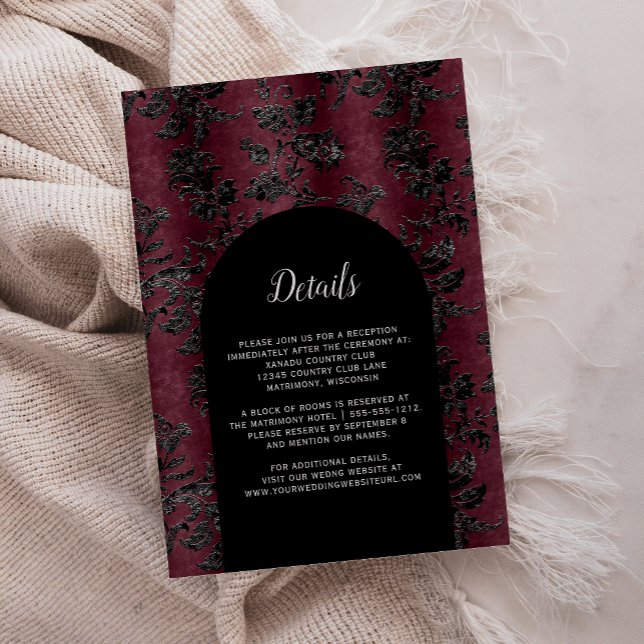 Moody Burgundy Black Damask Arch Wedding Details Enclosure Card (Creator Uploaded)