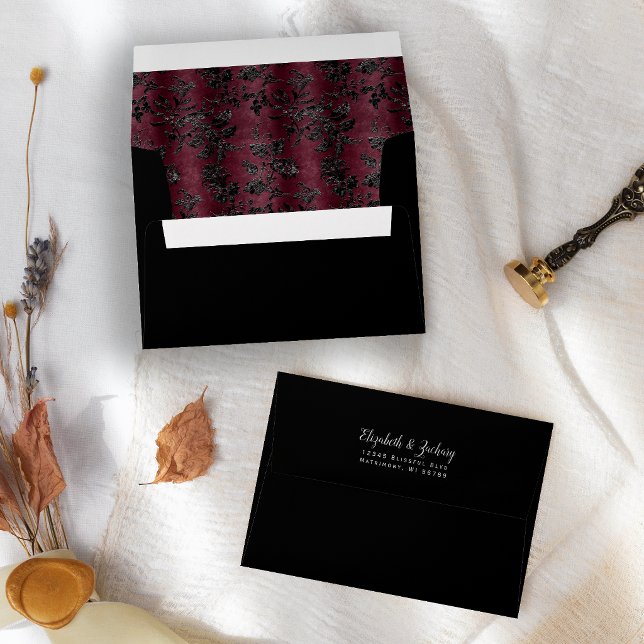Moody Burgundy Black Damask Pattern Dark Wedding Envelope (Creator Uploaded)