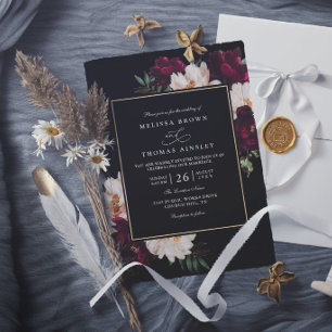 Moody Burgundy Blush Floral Elegant Chic Wedding Invitation