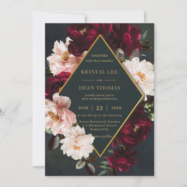 Moody Burgundy Blush Floral Peonies Green Wedding Invitation (Front)