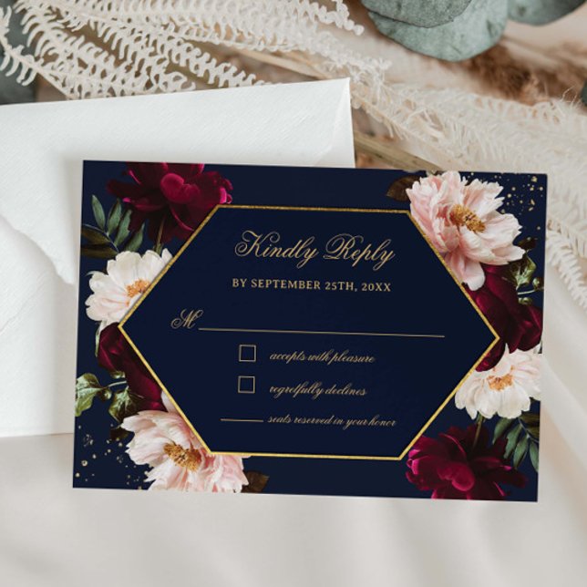 Moody Burgundy Blush Peonies Navy Floral Wedding RSVP Card (Creator Uploaded)