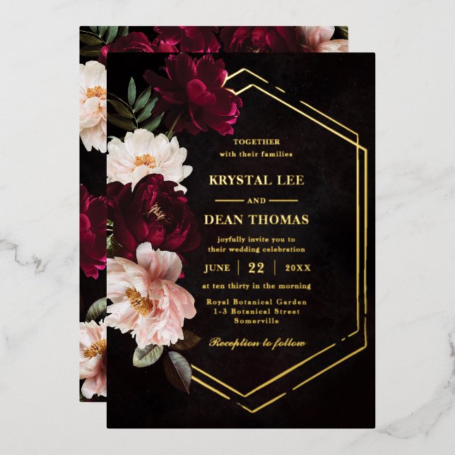 Moody Burgundy Blush Pink Floral Peonies Wedding (Front/Back)