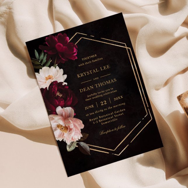 Moody Burgundy Blush Pink Floral Peonies Wedding Invitation (Creator Uploaded)