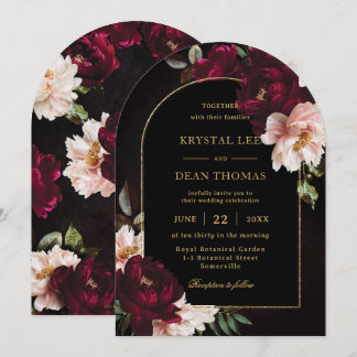 Moody Burgundy Blush Pink Floral Wedding Arch   Invitation