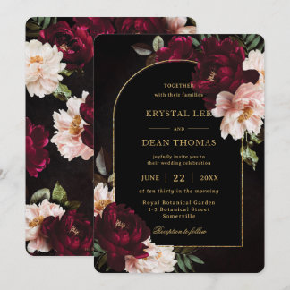 Moody Burgundy Blush Pink Peonies Floral Wedding   Invitation
