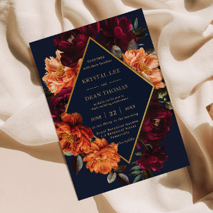 Moody Burgundy Burnt Orange Navy Floral Wedding Invitation