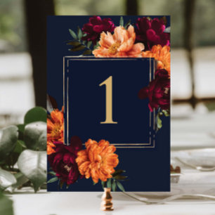 Moody Burgundy Burnt Orange Navy Floral Wedding Table Number