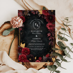 Moody Burgundy Dahlia Fall Wedding Invitation