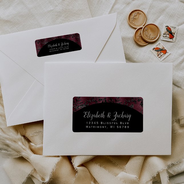 Moody Burgundy Damask Arch Wedding Return Address (Creator Uploaded)