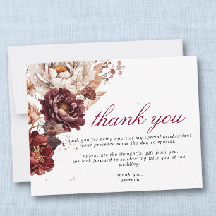 Moody Burgundy Floral Fall Bridal Shower Thank You Card