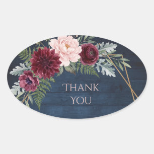 Moody Burgundy Floral Geometric Wedding Thank You Oval Sticker