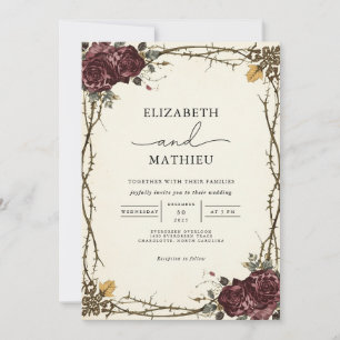 Moody Burgundy Floral Gothic Wedding Invitation