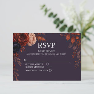 Moody Burgundy Floral Wedding RSVP Card