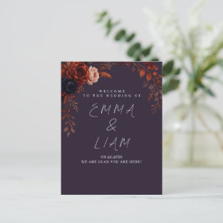 Moody Burgundy Floral Wedding Welcome Table Card
