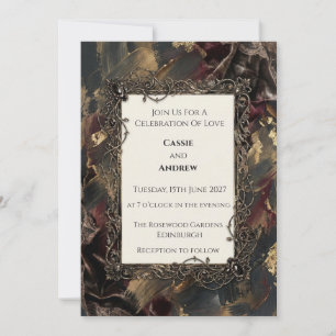Moody Burgundy Gold Baroque Wedding Invitation