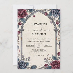 Moody Burgundy Gothic Botanical Floral Wedding Invitation