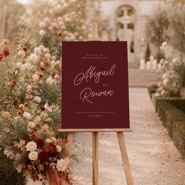 Moody Burgundy Minimal Fall Wedding Welcome Sign (Creator Uploaded)