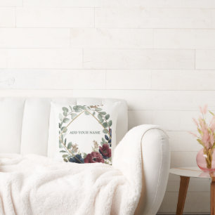 Moody Burgundy Navy Floral Gold Geometric Wedding  Cushion