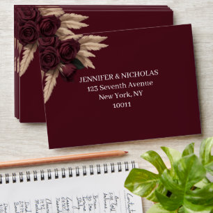 Moody Burgundy Rose Pampas Grass Return Address Envelope