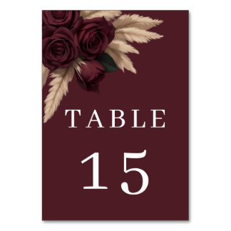 Moody Burgundy Rose Pampas Grass Table Number Card