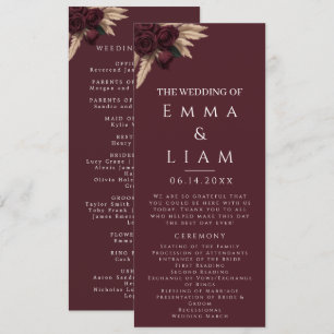 Moody Burgundy Rose Pampas Grass Wedding Program Programme