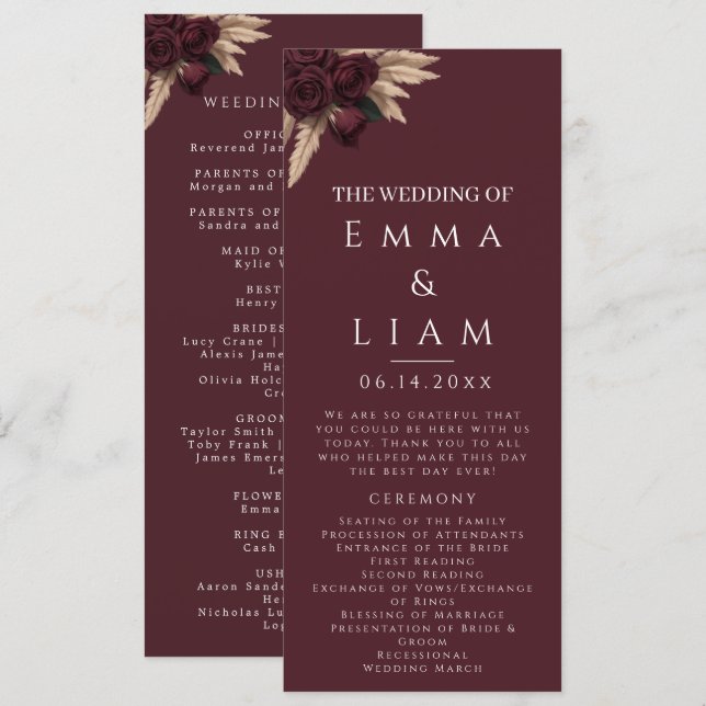 Moody Burgundy Rose Pampas Grass Wedding Program  Programme (Front/Back)