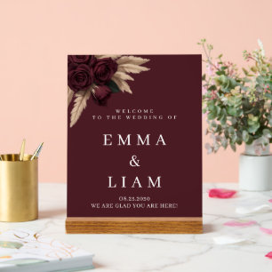 Moody Burgundy Rose Pampas Grass Wedding Welcome Acrylic Sign