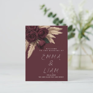 Moody Burgundy Rose Pampas Grass Wedding Welcome Postcard