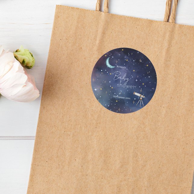 Moody Celestial Moon & Stars Baby Shower Classic Round Sticker (Creator Uploaded)
