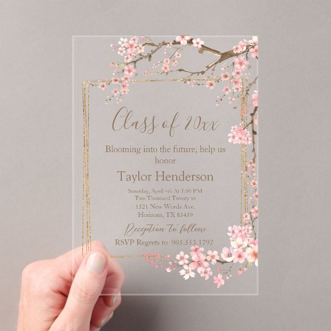 Moody Charcoal and Pink Cherry Blossom Graduation Acrylic Invitations (Insitu (Handheld))
