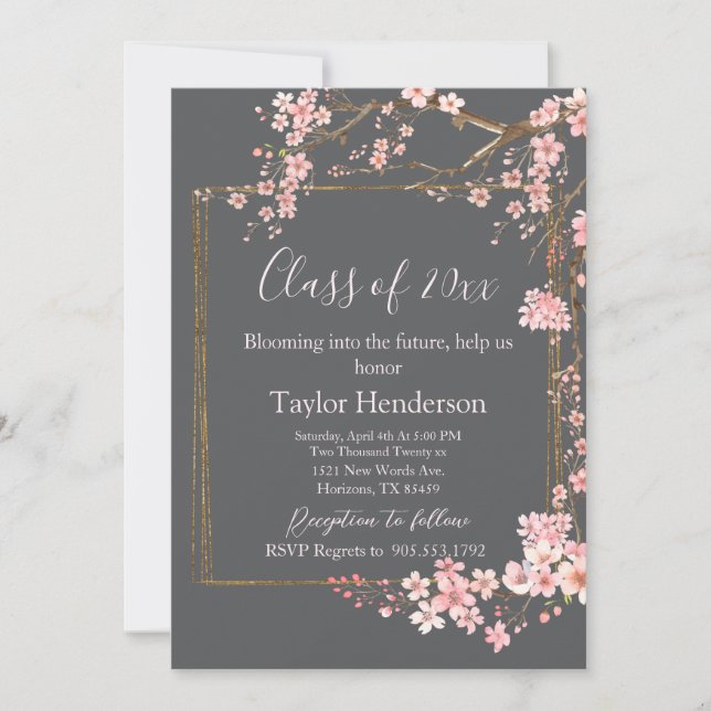 Moody Charcoal and Pink Cherry Blossom Graduation Invitation (Front)