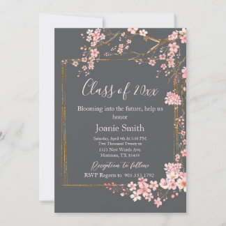 Moody Charcoal and Pink Cherry Blossom Graduation Invitation