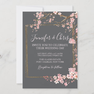 Moody Charcoal and Pink Cherry Blossom Wedding Invitation