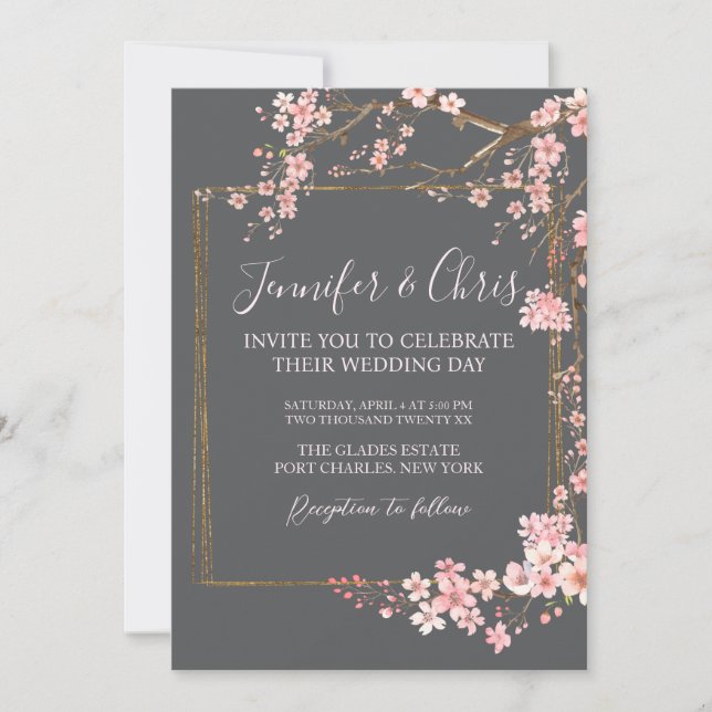 Moody Charcoal and Pink Cherry Blossom Wedding Invitation (Front)