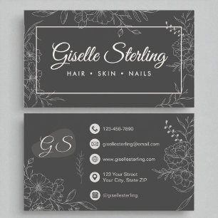 Moody Charcoal Grey Floral Line Art Modern Script Business Card