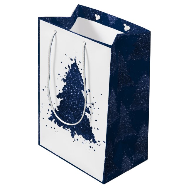 Moody Christmas Tree | Classy Dark Navy Blue Medium Gift Bag (Back Angled)