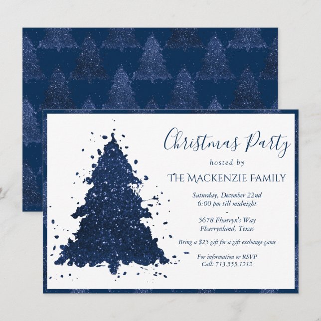 Moody Christmas Tree | Classy Dark Navy Blue Party Holiday Card (Front/Back)