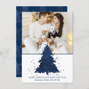 Moody Christmas Tree   Classy Dark Navy Blue Photo Holiday Card