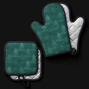Moody Christmas Tree Dark Midnight Teal Green Oven Mitt & Pot Holder Set