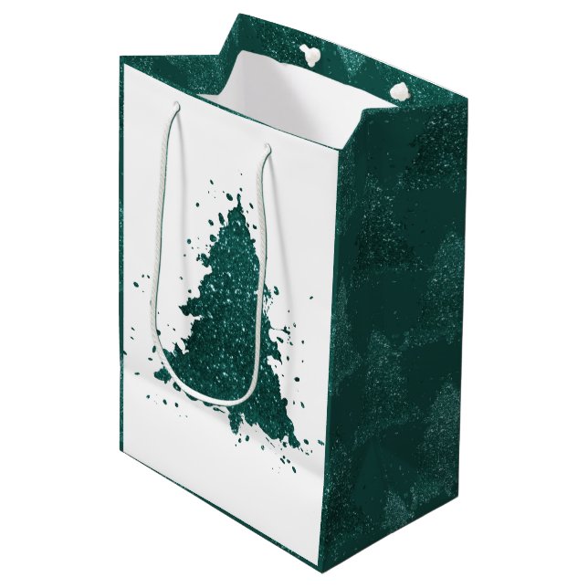 Moody Christmas Tree | Dark Midnight Teal Splatter Medium Gift Bag (Front Angled)