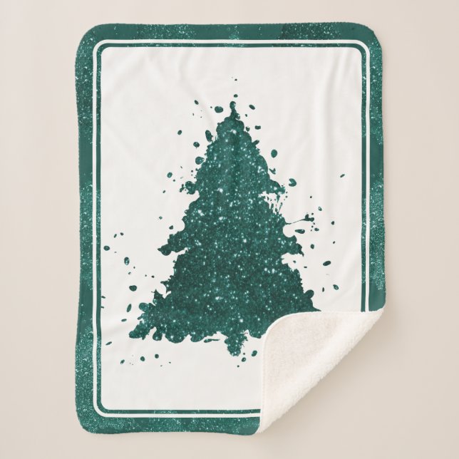 Moody Christmas Tree | Dark Midnight Teal Splatter Sherpa Blanket (Front)