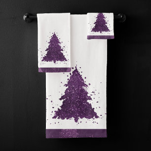 Moody Christmas Tree   Dark Plum Purple Splatter Bath Towel Set