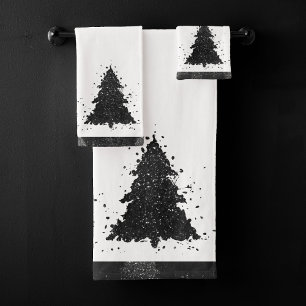 Moody Christmas Tree   Onyx Silvery Black Splatter Bath Towel Set