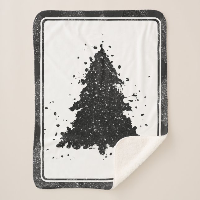 Moody Christmas Tree | Onyx Silvery Black Splatter Sherpa Blanket (Front)