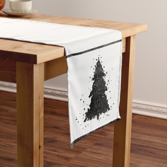 Moody Christmas Tree | Onyx Silvery Black Splatter Short Table Runner (In Situ)