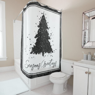 Moody Christmas Tree   Onyx Silvery Black Splatter Shower Curtain